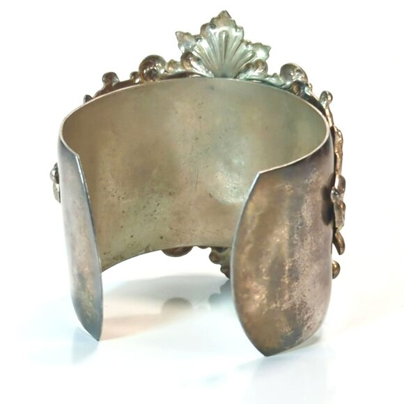 Ornate Baroque Silver Plated Cuff Bracelet Faux Pearl Cabochon AB Rhinestones - Picture 3 of 7